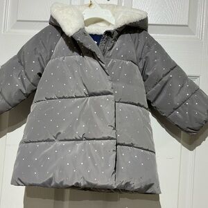 Jacadi  Baby Girl Gray Polka Dot Puffer with Faux Fur lining Jacket
